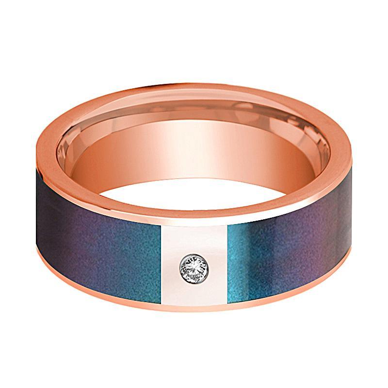 Mens Wedding Band 14K Rose Gold with Blue/Purple Color Changing Inlaid and Diamond Flat Polished Design - AydinsJewelry