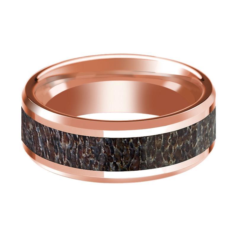 14K Rose Gold Wedding Ring with Dark Deer Antler Inlay Beveled Edge and Polished - AydinsJewelry
