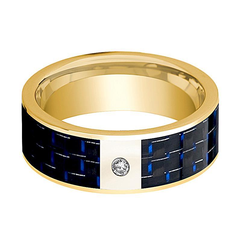 Mens Wedding Band 14K Yellow Gold and Diamond with Blue & Black Carbon Fiber Inlay Flat Polished Design