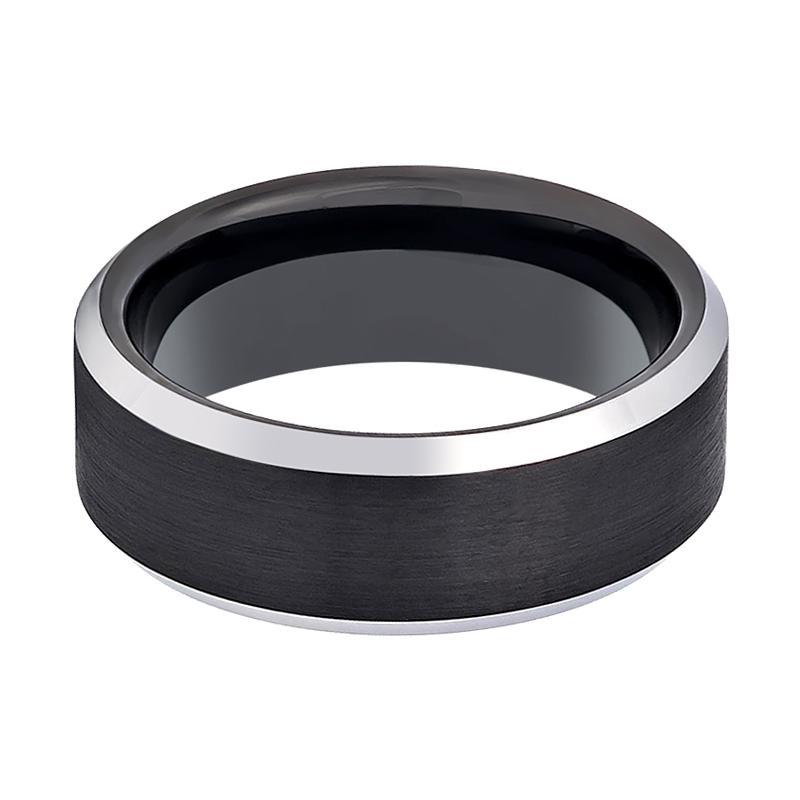 Tungsten Ring Black Brushed Center Silver Polished Beveled Edge Wedding Band 4mm, 6mm, 7mm, 8mm, 10mm Tungsten Carbide Wedding Ring