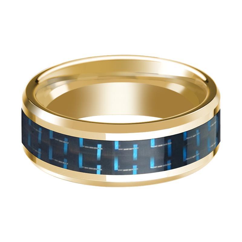 Mens Wedding Band Black & Blue Carbon Fiber Inlay with 14K Yellow Gold Beveled Edge Polished Design