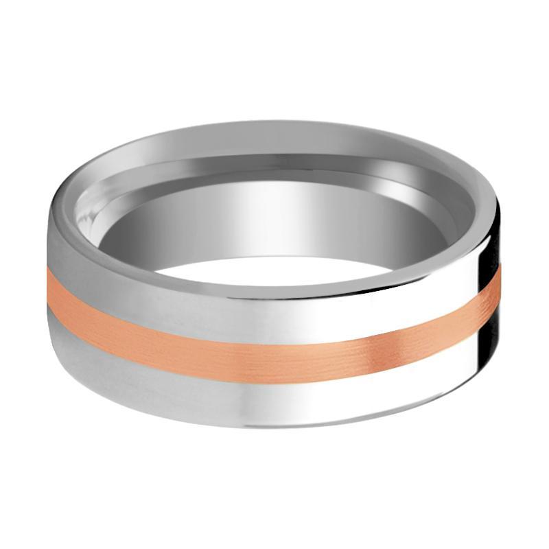 Tungsten Wedding Ring with 14k Rose Gold Stripe Inlay Flat Polished Finish 6mm, 8mm