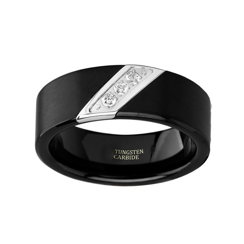 White Diamond Wedding Ring - Black Tungsten Ring - Diamond Tungsten  - Flat Brushed -  3 Diamonds - Tungsten Wedding Band - 8mm - AydinsJewelry