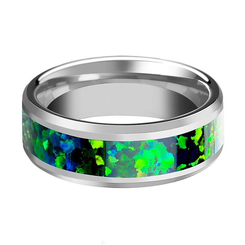 Tungsten Opal Ring - Green Blue Opal Inlay - Tungsten Wedding Band - Beveled - Polished Finish - 6mm - 8mm - Tungsten Wedding Ring - AydinsJewelry