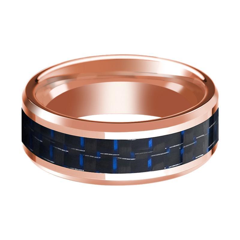Mens Wedding Ring 14K Rose Gold with Blue & Black Carbon Fiber Inlay Beveled Edge Polished Band