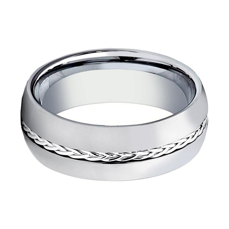 Mens Tungsten Wedding Band Polished w/ Sterling Silver Braided Insert Center 8mm Tungsten Carbide Ring