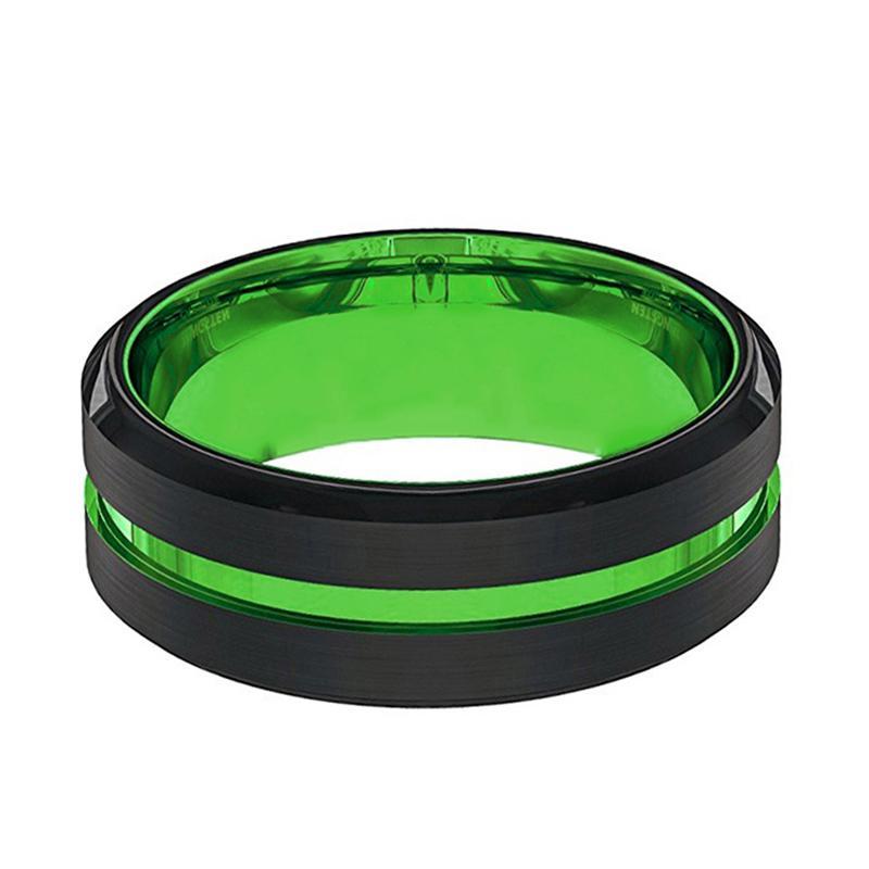 TESLA  Green Ring, Black Tungsten Green Groove Beveled Edges