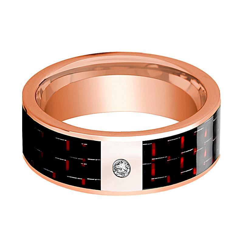 Mens Wedding Band 14K Rose Gold and Diamond with Black & Red Carbon Fiber Inlay Flat Polished Design