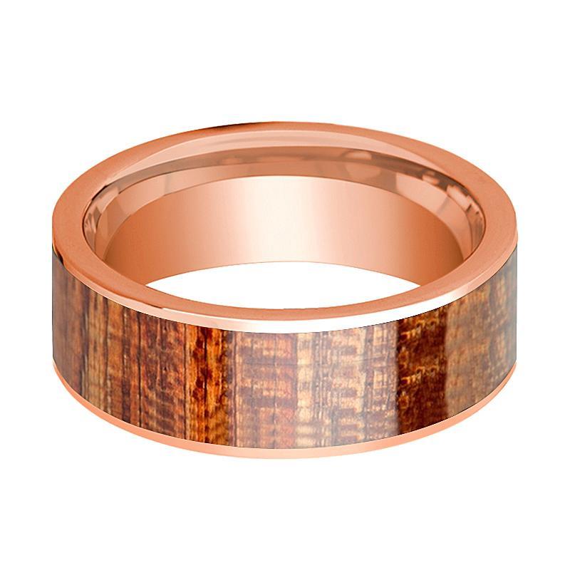 Mens Wedding Band Polished Flat 14k Rose Gold Wedding Ring with Mahogany Wood Inlaid - 8mm - AydinsJewelry