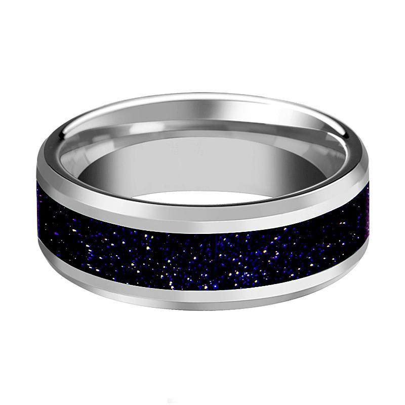 Tungsten Purple Goldstone Inlay - Tungsten Wedding Band - Beveled - Polished Finish - 8mm - Tungsten Wedding Ring - AydinsJewelry