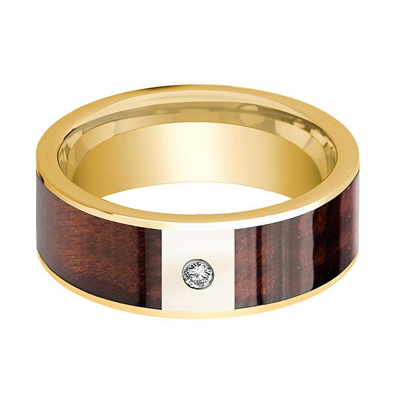 Mens Wedding Band Polished 14k Yellow Gold Flat Wedding Ring with Red Wood Inlay & Diamond - 8mm - AydinsJewelry