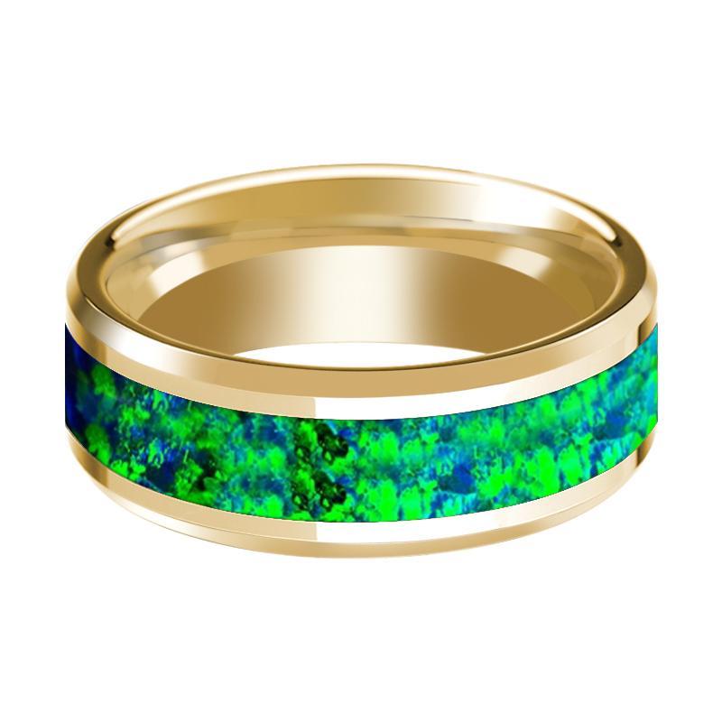 14K Yellow Gold Wedding Band with Emerald Green and Sapphire Blue Opal Inlay Beveled Edges - AydinsJewelry