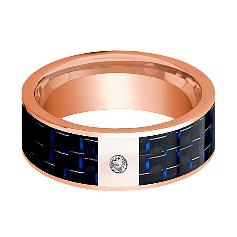 Mens Wedding Band 14K Rose Gold and Diamond with Blue & Black Carbon Fiber Inlay Flat Polished Design