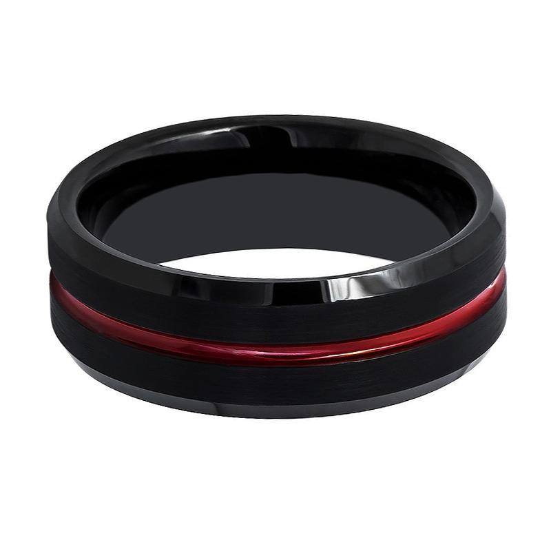 Tungsten Mens Wedding Band Black Brushed w/ Red Groove 8mm Tungsten Carbide Ring