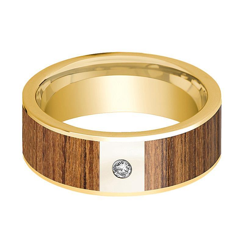 Mens Wedding Band Polished 14k Yellow Gold Wedding Ring with Teak Wood Inlay & Diamond - 8mm - AydinsJewelry