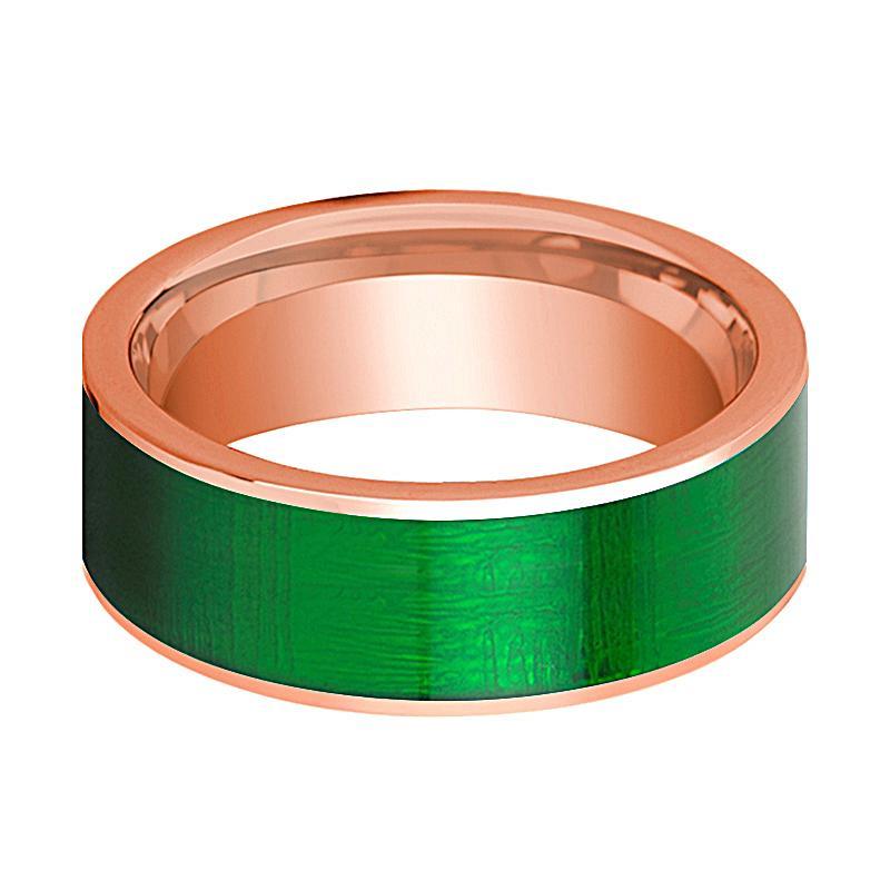 Mens Wedding Band 14K Rose Gold with Textured Green Inlay Flat Polished Design - AydinsJewelry