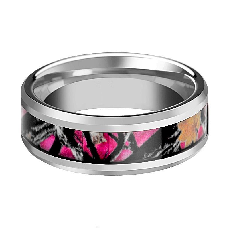 Tungsten Camo Ring - Pink Oak Leaves Camouflage - Tungsten Wedding Band - Beveled - Polished Finish - 6mm - 8mm - Tungsten Wedding Ring