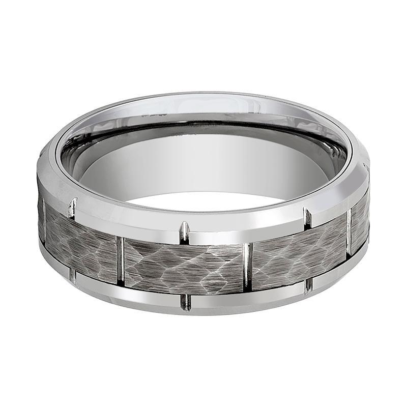 Mens Tungsten Wedding Band Silver Hammered Center 8mm Tungsten Carbide Ring
