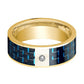 Mens Wedding Band 14K Yellow Gold and Diamond with Black & Blue Carbon Fiber Inlay Flat Polished Design