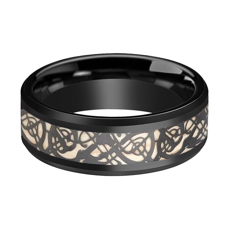 Tungsten Ring Black Shiny Polished w/ Celtic Design Cutout  Inlay Wedding Band 8mm Tungsten Carbide Wedding Ring