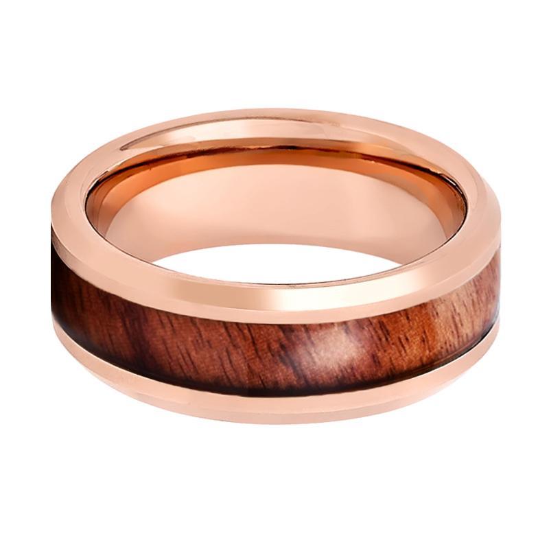 Tungsten Wood Ring Rose Gold with Hawaiian Koa Wood Inlay Shiny Beveled Edge 8mm Tungsten Carbide Wedding Ring