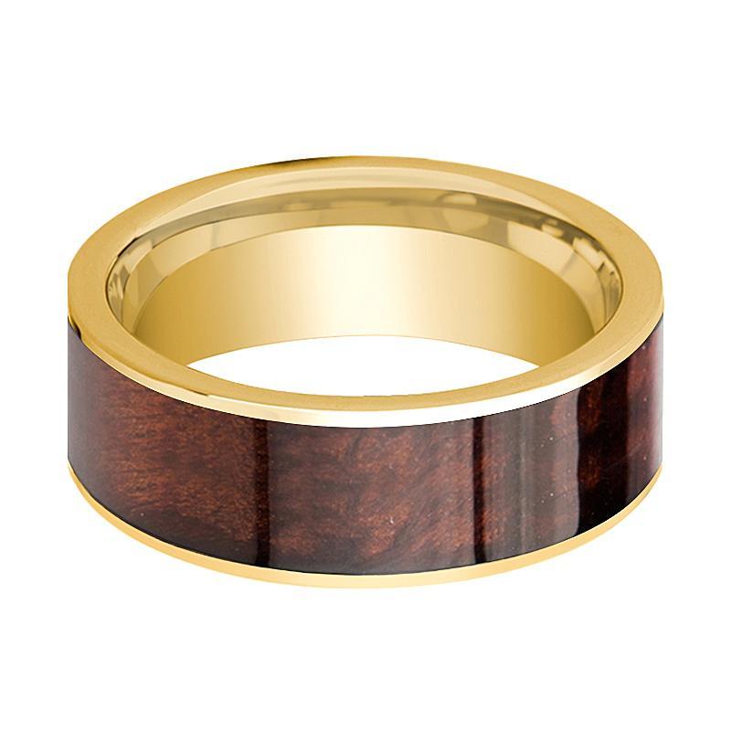 Mens Wedding Band Polished 14k Yellow Gold Flat Wedding Ring with Red Wood Inlay  - 8mm - AydinsJewelry