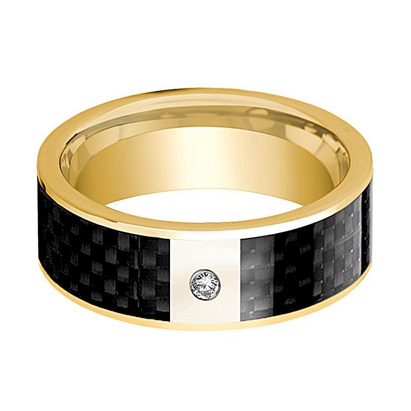 Mens Wedding Band 14K Yellow Gold and Diamond with Black Carbon Fiber Inlay Flat Polished Design