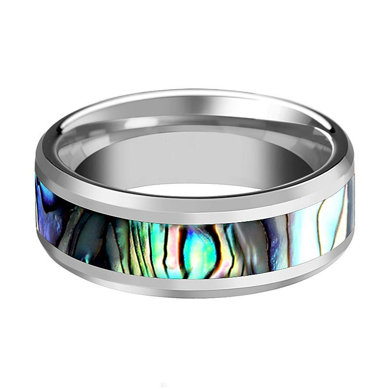 Tungsten Mother Of Pearl Inlay - Tungsten Wedding Band - Beveled - Polished Finish - 4mm - 6mm - 7mm - 8mm - 10mm - Tungsten Wedding Ring - AydinsJewelry