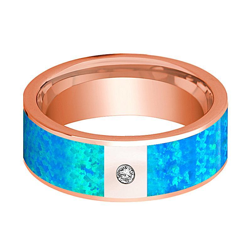 Mens Wedding Band 14K Rose Gold with Blue Opal Inlay and Diamond Flat Polished Design - AydinsJewelry