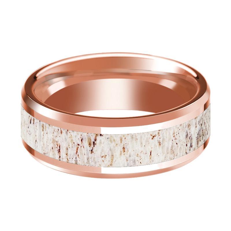 14K Rose Gold Wedding Ring with White Deer Antler Inlay Beveled Edge and Polished - AydinsJewelry