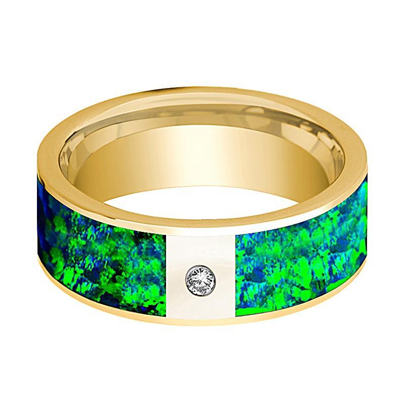 Mens Wedding Band 14K Yellow Gold with Emerald Green and Sapphire Blue Opal Inlay and Diamond Flat Polished Design - AydinsJewelry