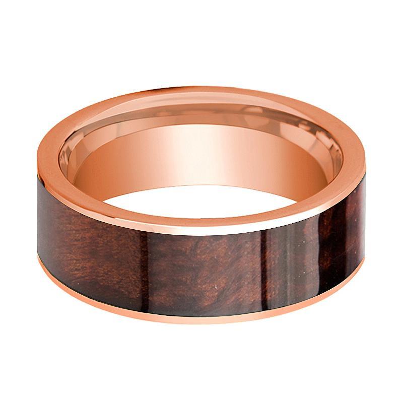 Mens Wedding Band Polished Flat 14k Rose Gold Wedding Ring with Red Wood Inlay - 8mm