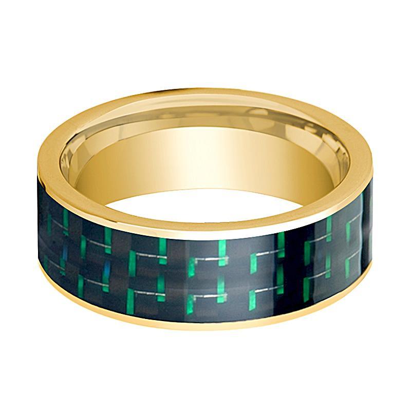 Mens Wedding Band 14K Yellow Gold with Black & Green Carbon Fiber Inlay Flat Polished Design