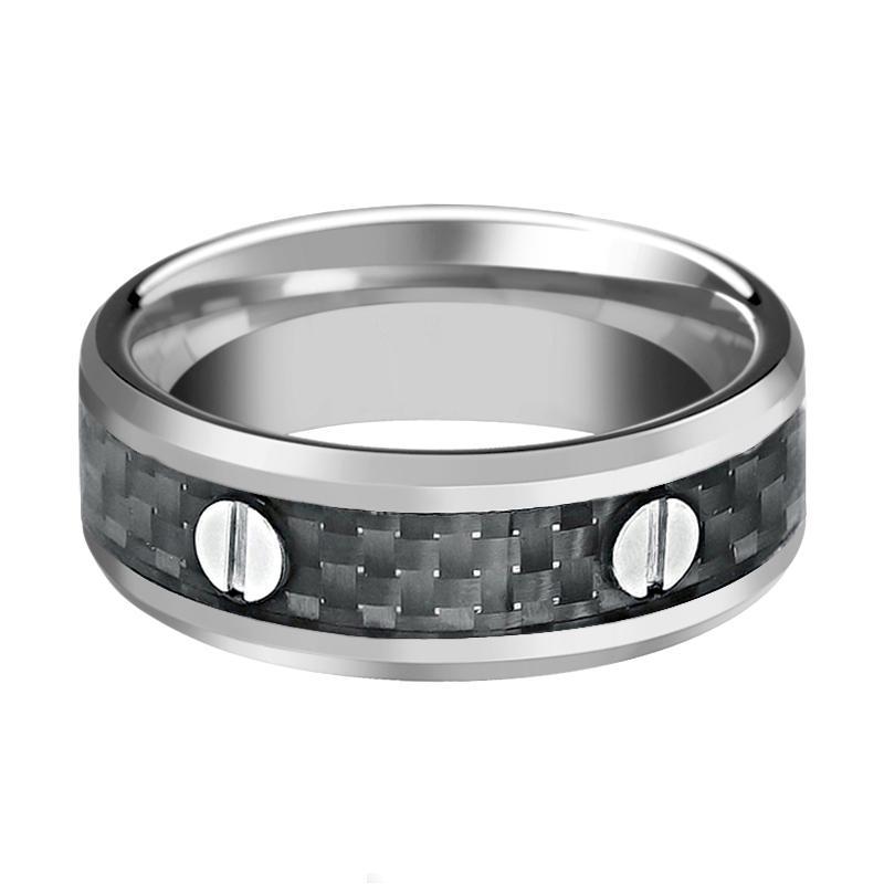 Tungsten Wedding Band Screw Accents w/ Black Carbon Fiber Inlay 8mm  Tungsten Carbide Ring