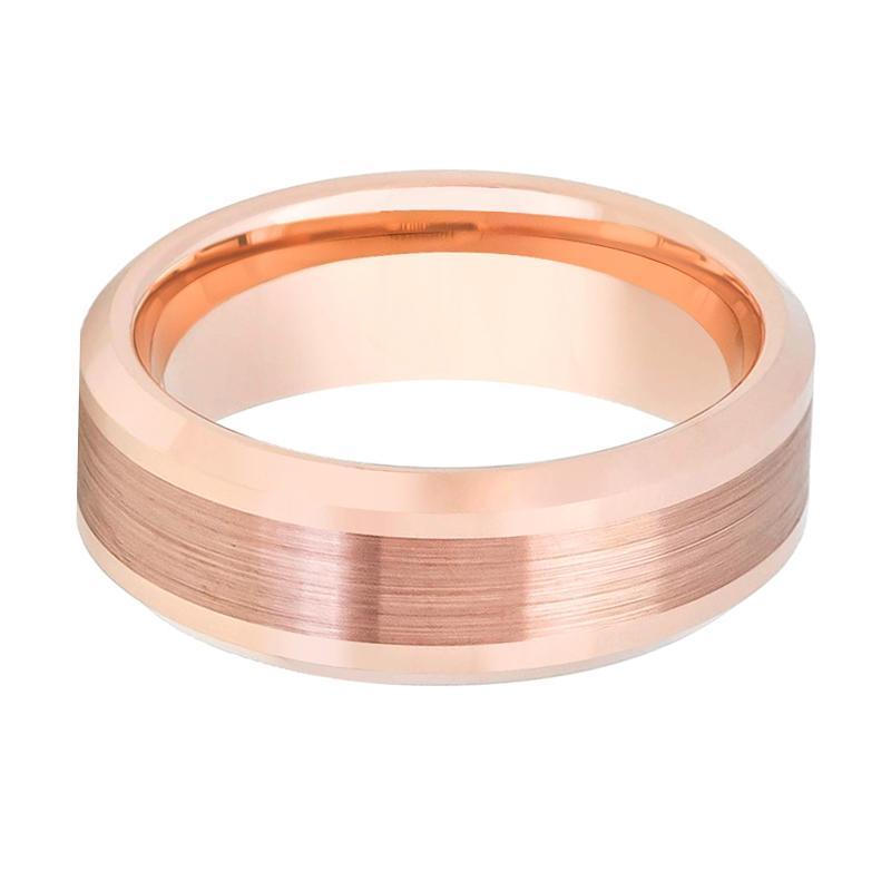 Rose Gold Brushed Center Line Mens Tungsten Wedding Band 8mm Beveled Edge Tungsten Carbide Wedding Ring