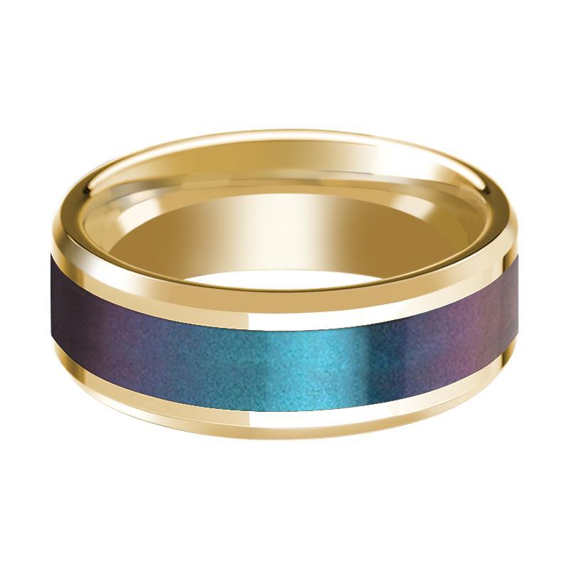14K Yellow Gold Mens Wedding Band with Blue/Purple Color Changing Inlaid Beveled Edges Polished - AydinsJewelry