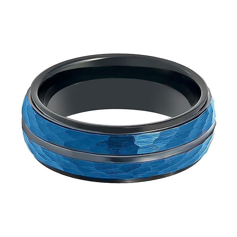 Tungsten Mens Wedding Band Black w/ Blue Hammered Center Black Groove 8mm Tungsten Carbide Ring