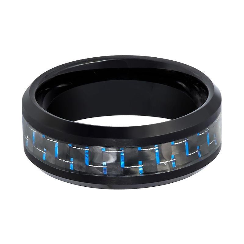 Tungsten Ring Black Shiny Polished w/ Blue Carbon Fiber Inlay