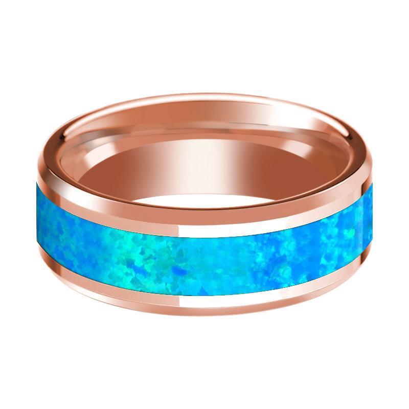 Blue Opal Inlay Beveled Edge Mens Wedding Band 14K Rose Gold Polished Design - AydinsJewelry