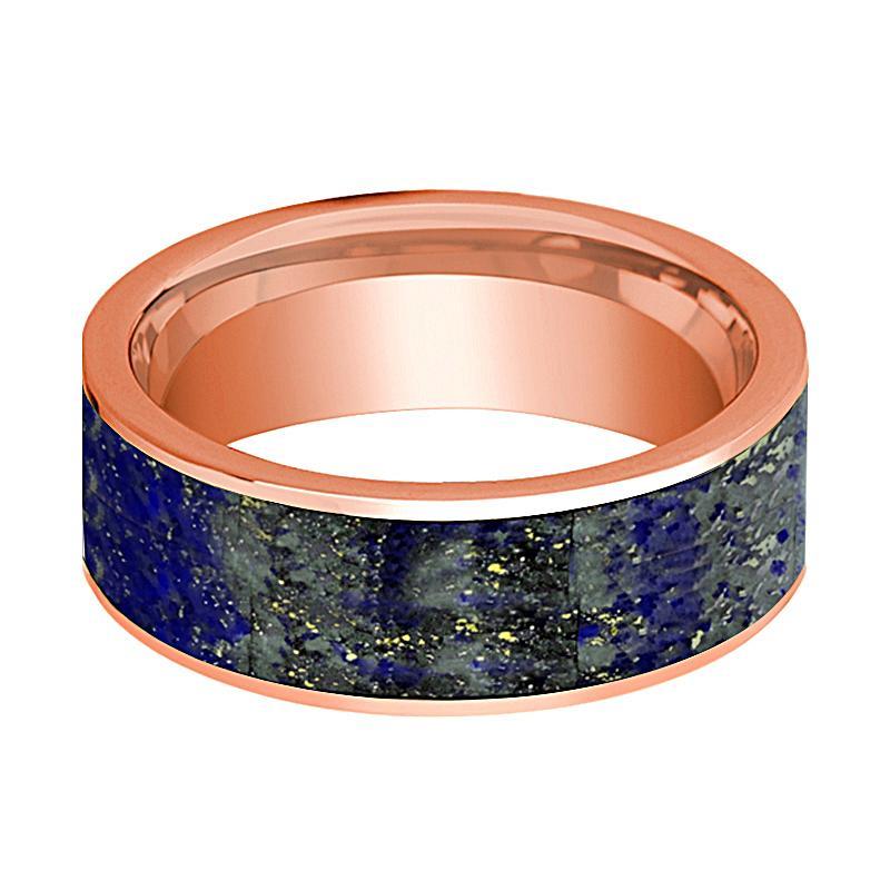 Mens Wedding Band 14K Rose Gold with Blue Lapis Lazuli Inlay Flat Polished Design - AydinsJewelry