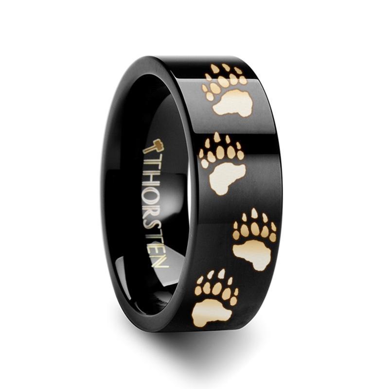 Animal Design Ring - Bear Paw Print - Bear Track - Laser Engraved - Flat Tungsten Ring - 4mm - 6mm - 8mm - 10mm - 12mm - AydinsJewelry