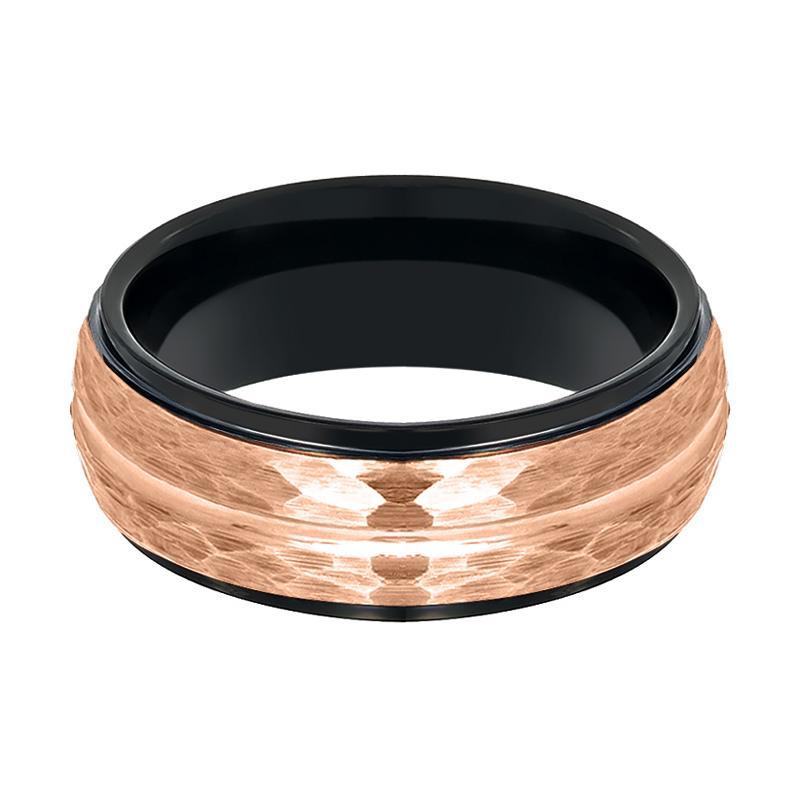 Black & Rose Gold Grooved Tungsten Hammered Center Wedding Ring for Men 8mm Stepped Edge Tungsten Carbide Wedding Band