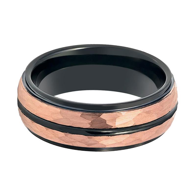 Rose Gold Hammered Center & Black Grooved Tungsten Wedding Ring for Men 8mm Stepped Edge Tungsten Carbide Wedding Band