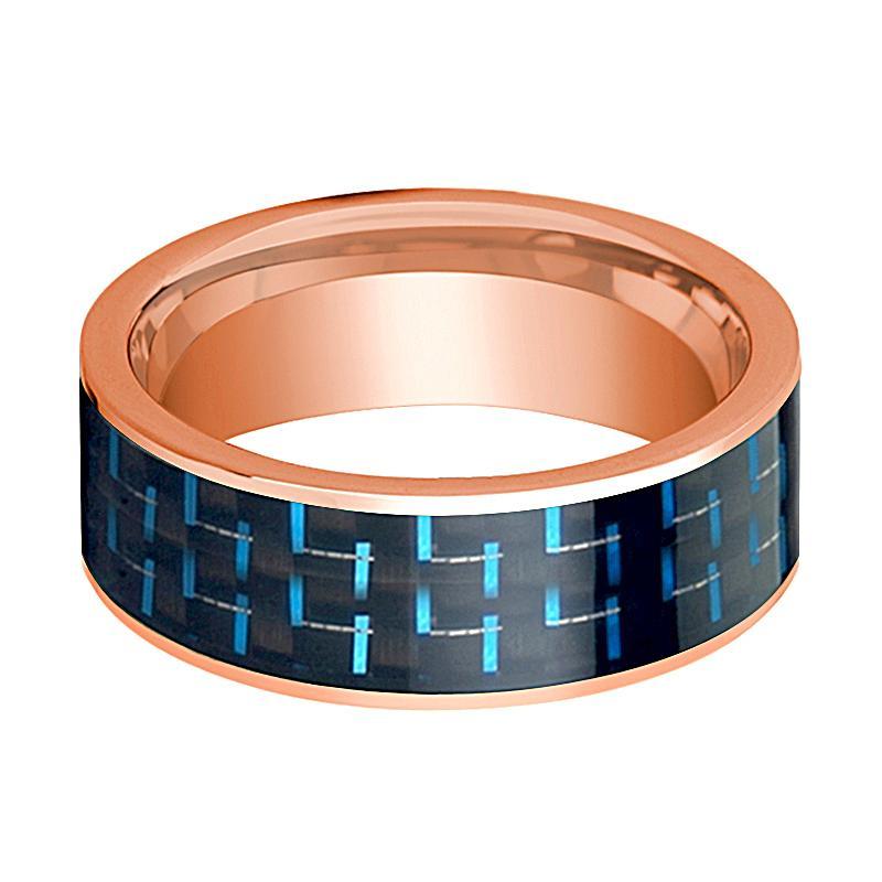 Mens Wedding Band 14K Rose Gold with Black & Blue Carbon Fiber Inlay Flat Polished Design