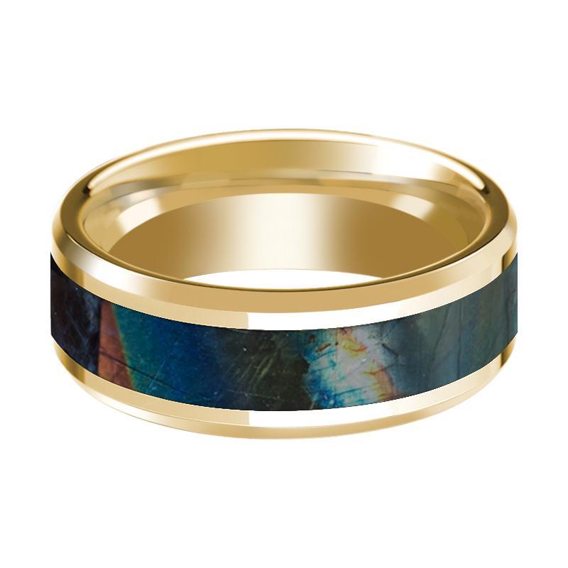 14K Yellow Gold Wedding Ring Inlaid with Spectrolite Beveled Edge Polished Design - AydinsJewelry