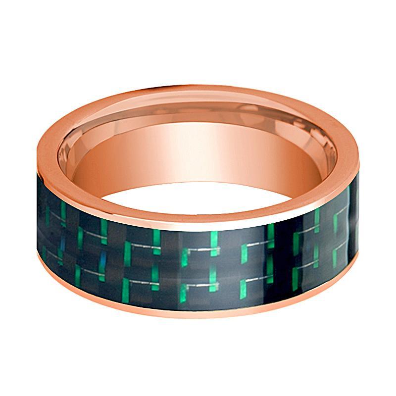 Mens Wedding Band 14K Rose Gold with Black & Green Carbon Fiber Inlay Flat Polished Design