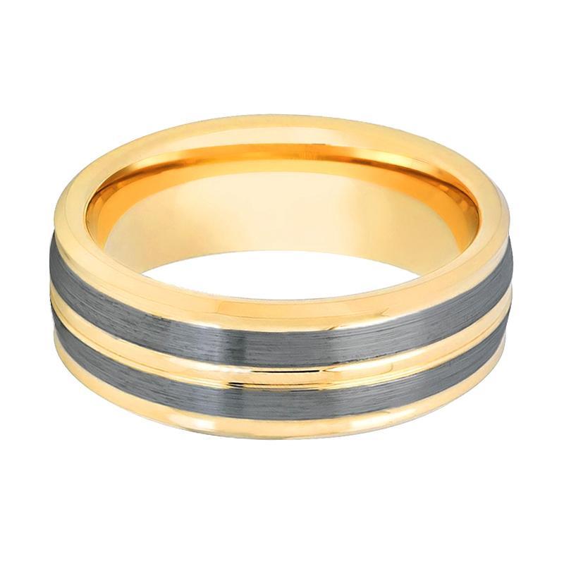 Gold Tungsten Wedding Ring Double Pinstripe Brushed 8mm Mens Tungsten Wedding Band