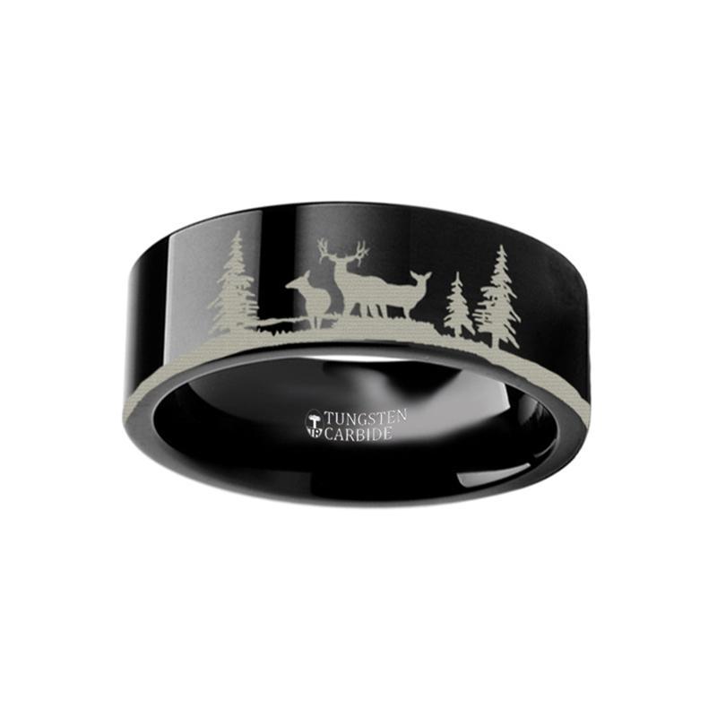 Animal Landscape Scene - Deer Stag Mountain Range Ring - Laser Engraved - Flat Tungsten Ring - 4mm - 6mm - 8mm - 10mm - 12mm - AydinsJewelry