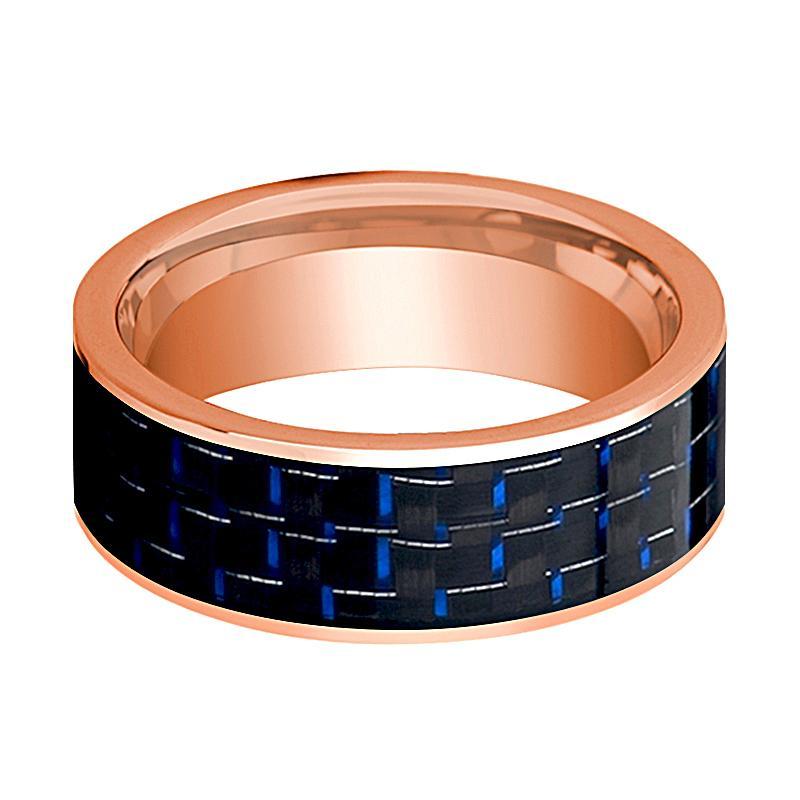 Mens Wedding Band 14K Rose Gold with Blue & Black Carbon Fiber Inlay Flat Polished Design