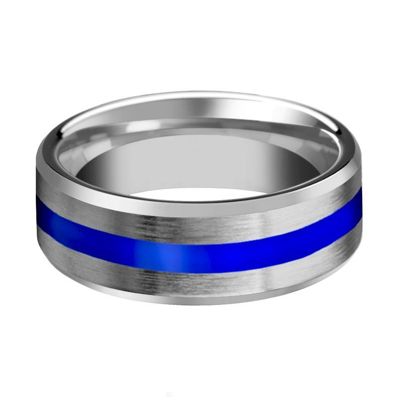 White Tungsten Ring Blue Center Stripe, Tungsten Wedding Band, Beveled Edges Brushed Finish 8mm